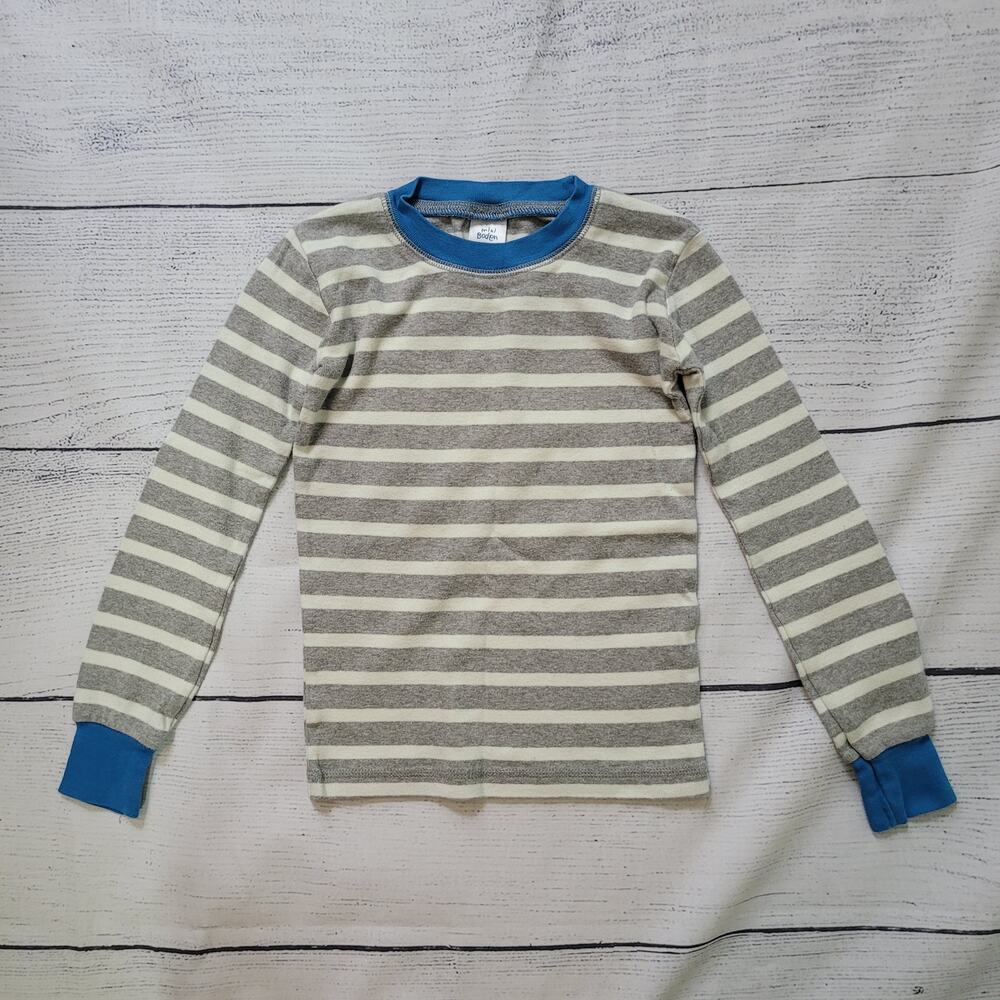 Mini Boden Size 7y 100% Cotton Grey White Striped Blue Accent Crew Neck‎ Top